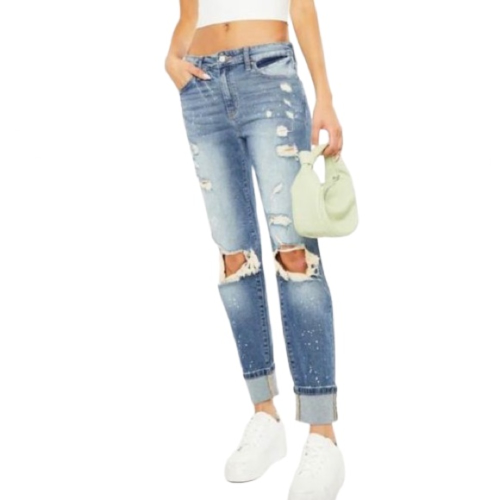 Kancan Thrashed Paint Splatter Boyfriend Mid Rise Grunge Distressed Skinny Jeans
